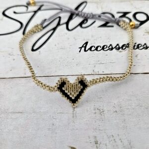 Miyuki Silver and Black Heart Adjustable Bracelet